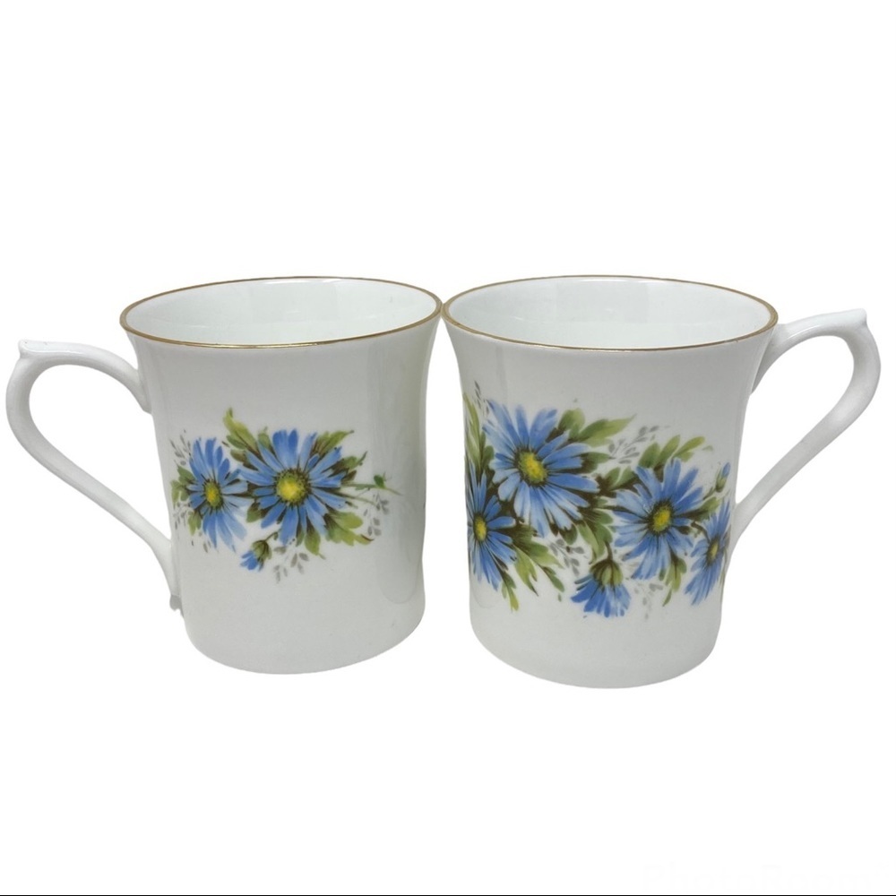Royal Heritage Bone China Tea Cups Blue Floral Design White Set of Two